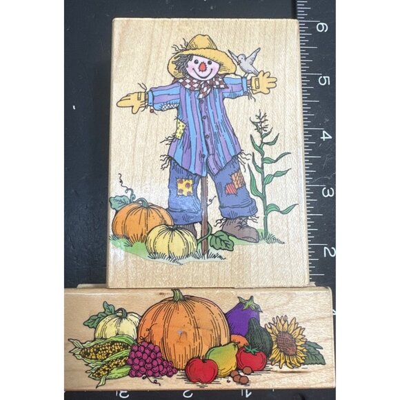 Hero Arts Wooden Rubber Stamps Autumn Scarecrow & Pumpkin Patch Prints Set - Picture 1 of 4